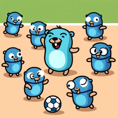 Go Blue Gopher and his team of small colored gophers are playing soccer.