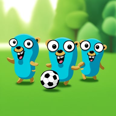 Go Blue Gopher and his team of small colored gophers are playing soccer.