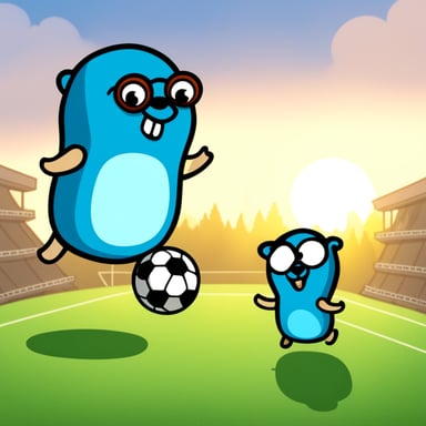 Go Blue Gopher and his team of small colored gophers are playing soccer.