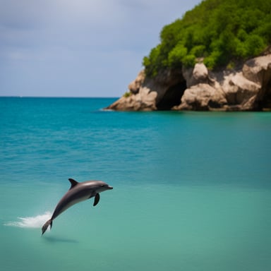 Go Blue Gopher watching a dolphin jump from the sea.