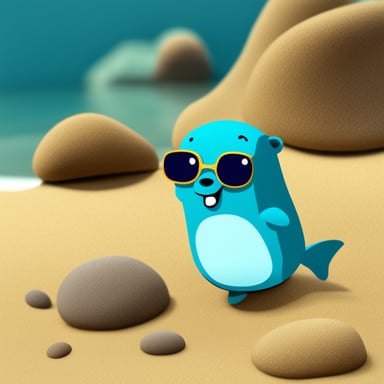 A go blue gopher using a dolphin fantasy and looking very cute.
