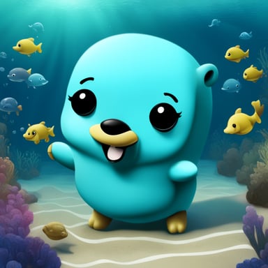A go blue gopher using a dolphin fantasy and looking very cute.