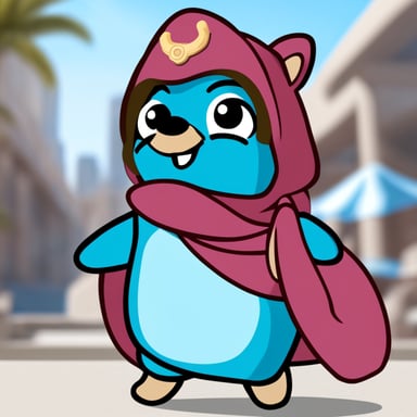 A go blue gopher, known for its cuteness, is a cosplayer that wears a dolphin fantasy outfit.