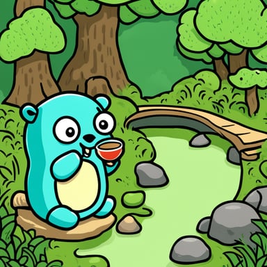 Go Blue Gopher drinking green tea in a Japanese garden.