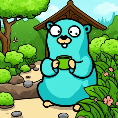 Go Blue Gopher drinking green tea in a Japanese garden.