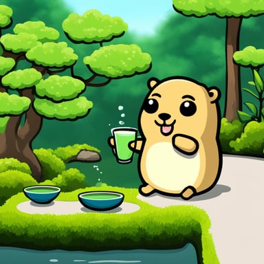 Go Blue Gopher drinking green tea in a Japanese garden.