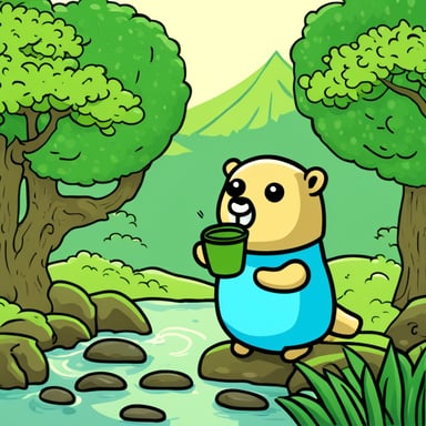 Go Blue Gopher drinking green tea in a Japanese garden.