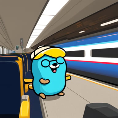 Happy Go Blue Gopher riding the Shinkansen.