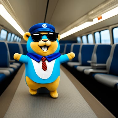 Happy Go Blue Gopher riding the Shinkansen.