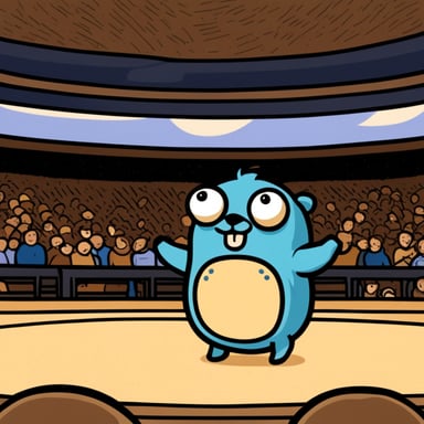 Happy go blue gopher watching sumo.