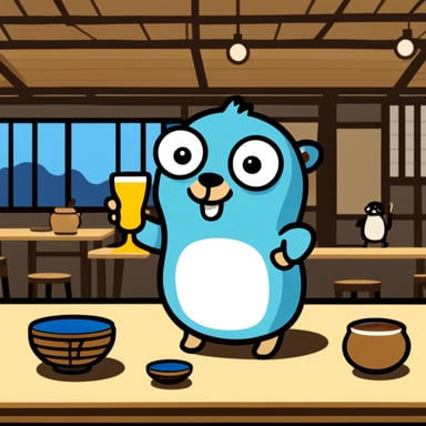 Happy go blue gopher drinking sake in a Japanese izakaya