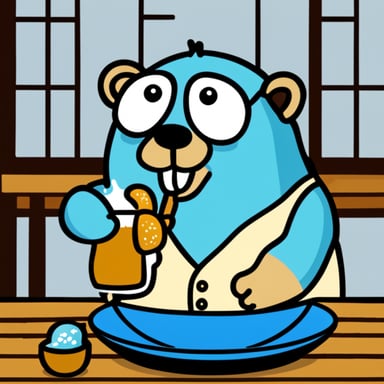 Happy go blue gopher drinking sake in a Japanese izakaya