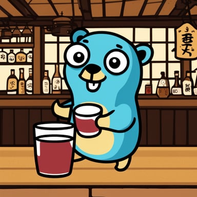 Happy go blue gopher drinking sake in a Japanese izakaya