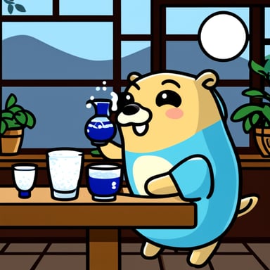 Happy go blue gopher drinking sake in a Japanese izakaya