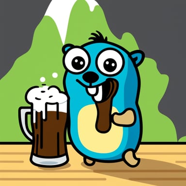 Go Blue Gopher smiling at a big glass of beer.