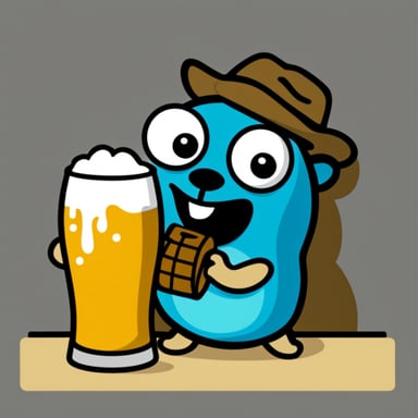 Go Blue Gopher smiling at a big glass of beer.