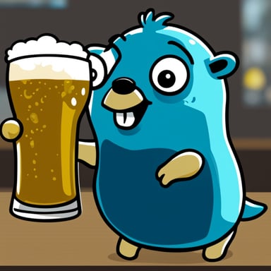 Go Blue Gopher smiling at a big glass of beer.