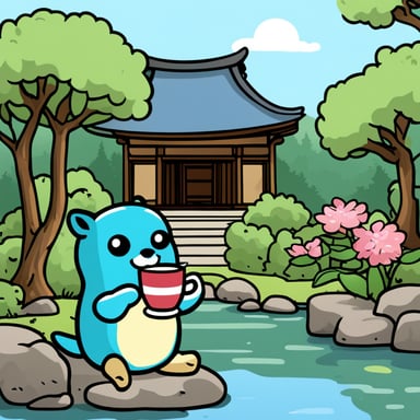 Go Blue Gopher is serenely sipping tea in a Japanese temple garden, complete with a tranquil pond.