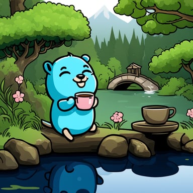 Go Blue Gopher is serenely sipping tea in a Japanese temple garden, complete with a tranquil pond.