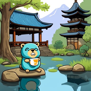 Go Blue Gopher is serenely sipping tea in a Japanese temple garden, complete with a tranquil pond.