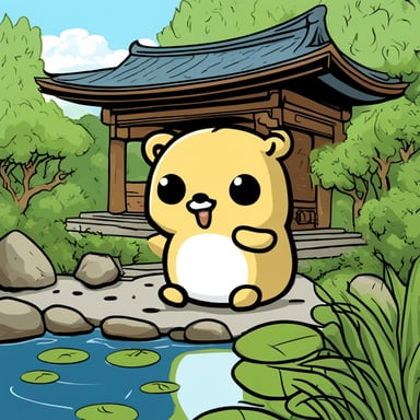 Go Blue Gopher is serenely sipping tea in a Japanese temple garden, complete with a tranquil pond.