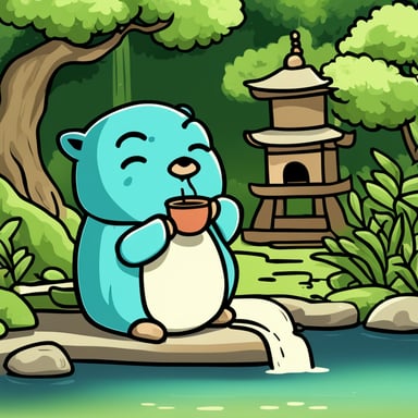 Go Blue Gopher is serenely sipping green tea in a Japanese temple garden, complete with a tranquil pond.