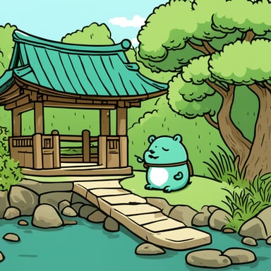 Go Blue Gopher is serenely sipping green tea in a Japanese temple garden, complete with a tranquil pond.