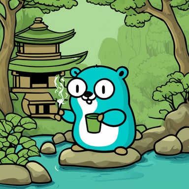Go Blue Gopher is serenely sipping green tea in a Japanese temple garden, complete with a tranquil pond.