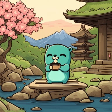 Go Blue Gopher is serenely sipping matcha in a Japanese temple garden.