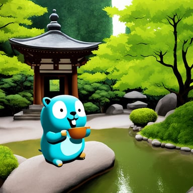 Go Blue Gopher is serenely sipping matcha in a Japanese temple garden.