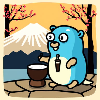 Go Blue Gopher sitting in front of Mount Fuji drinking sake.