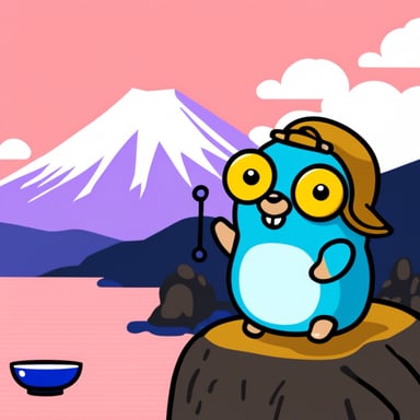 Go Blue Gopher sitting in front of Mount Fuji drinking sake.