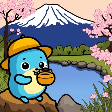 Go Blue Gopher sitting in front of Mount Fuji drinking sake.