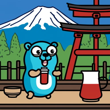 Go Blue Gopher sitting in front of Mount Fuji drinking sake.