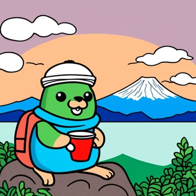 Go Blue Gopher sitting in front of Mount Fuji drinking green tea.