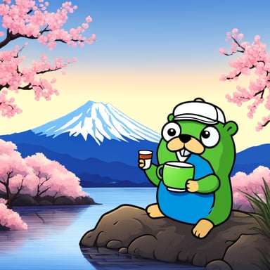 Go Blue Gopher sitting in front of Mount Fuji drinking green tea.