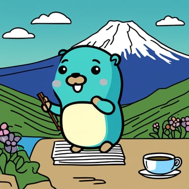 Go Blue Gopher sitting in front of Mount Fuji drinking green tea.