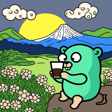 Go Blue Gopher sitting in front of Mount Fuji drinking green tea.