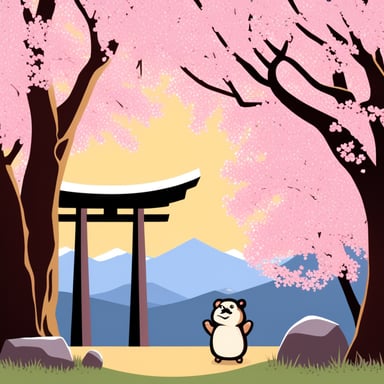 Go Blue Gopher enjoys the serene beauty of cherry blossoms and the iconic Japanese torii.
