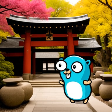 Go Blue Gopher visiting a Shinto shrine.