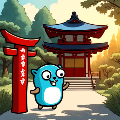 Go Blue Gopher visiting a Shinto shrine.
