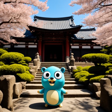 Go Blue Gopher visits a Japanese temple, exploring the serene beauty and ancient traditions of Buddhism.