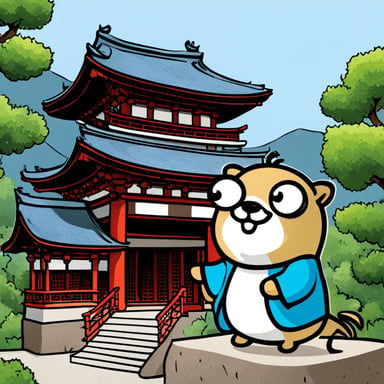 Go Blue Gopher visits a Japanese temple, exploring the serene beauty and ancient traditions of Buddhism.