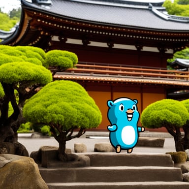 Go Blue Gopher visiting Byodo-in Temple in Uji.
