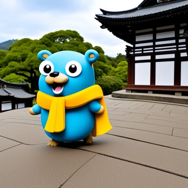 Go Blue Gopher visiting Byodo-in Temple in Uji.