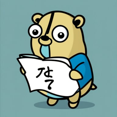 Go Blue Gopher is writing his name in Japanese katakana.