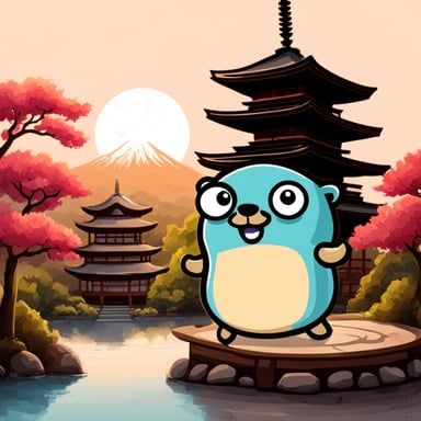 Go Blue Gopher visiting a Japanese pagoda.