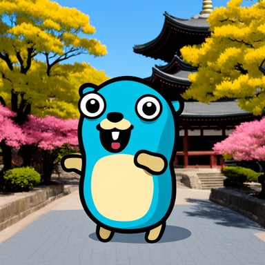Go Blue Gopher visiting a Japanese pagoda.