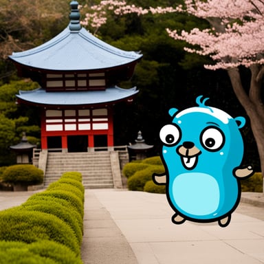 Go Blue Gopher visiting a Japanese pagoda.