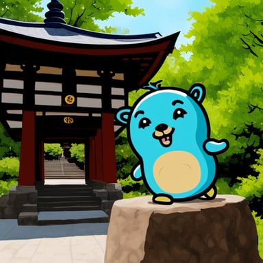Go Blue Gopher visiting a Japanese pagoda.